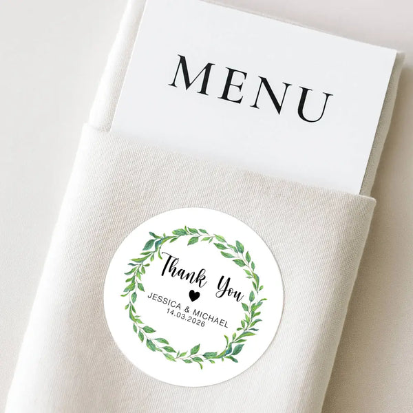 Personalised Thank You Wedding Stickers – Green Leaf Wreath Design