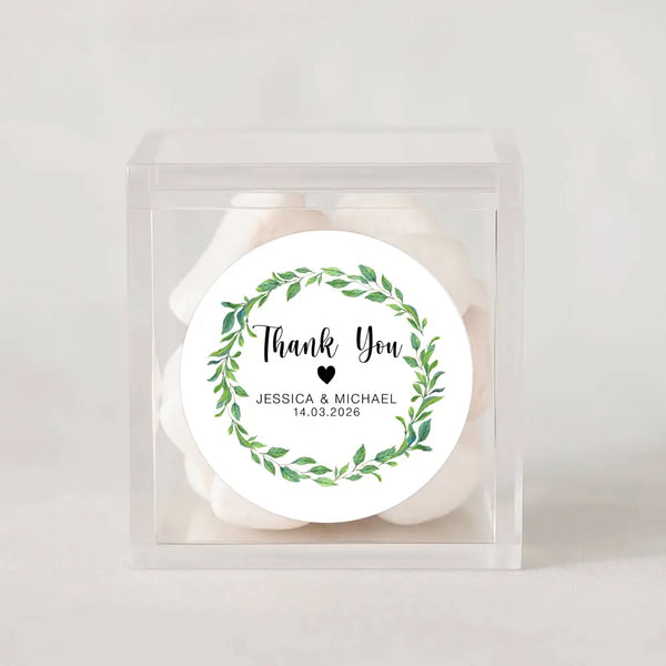 Personalised Thank You Wedding Stickers – Green Leaf Wreath Design