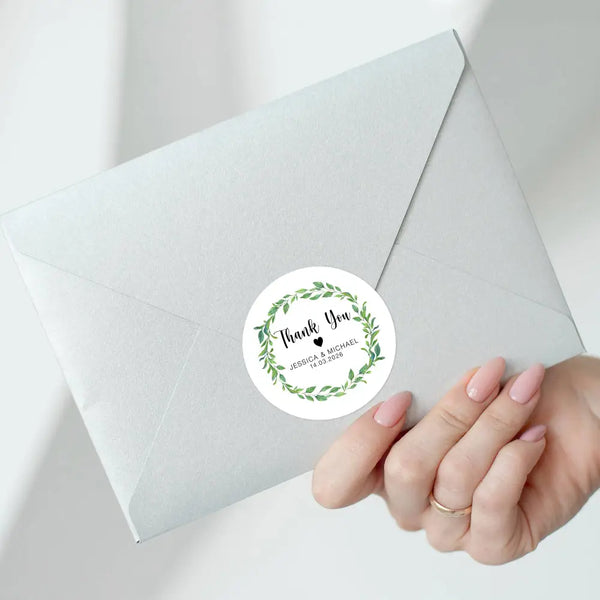 Personalised Thank You Wedding Stickers – Green Leaf Wreath Design