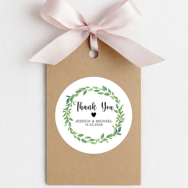 Personalised Thank You Wedding Stickers – Green Leaf Wreath Design