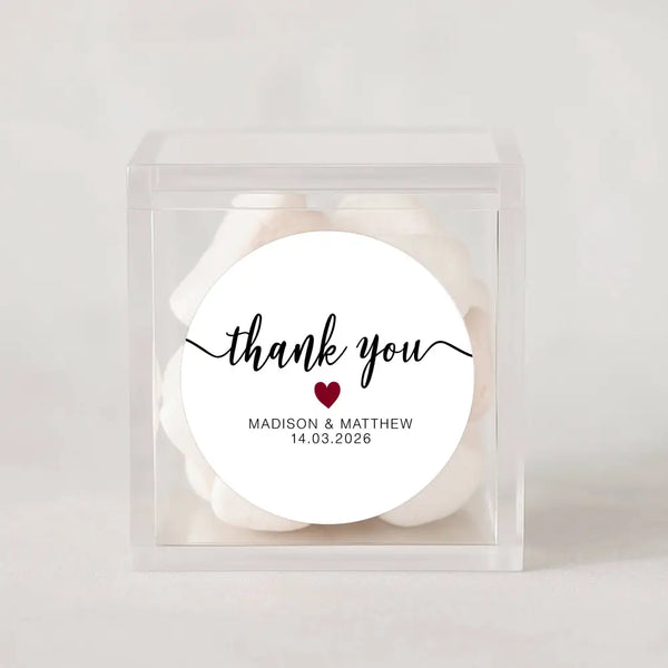 Personalised Thank You Wedding Stickers – Modern Script with Burgundy Heart