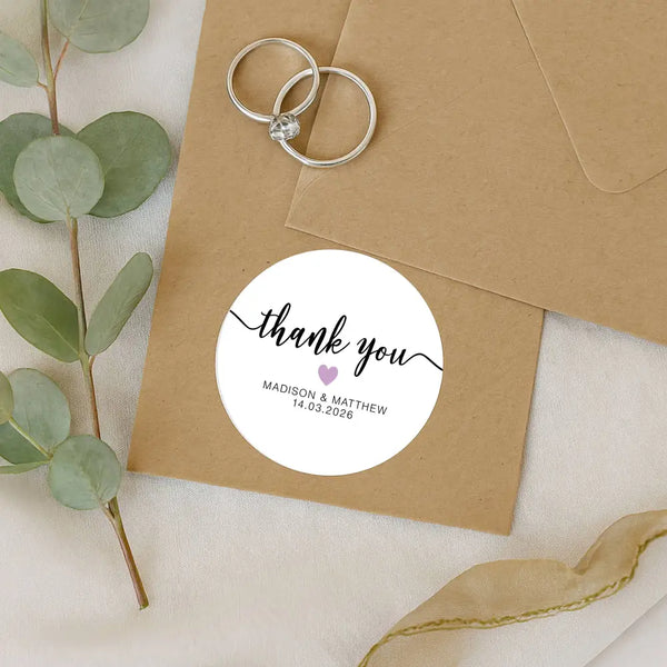 Personalised Thank You Wedding Stickers – Modern Script with Lilac Heart
