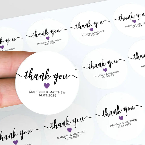 Personalised Thank You Wedding Stickers – Modern Script with Purple Heart
