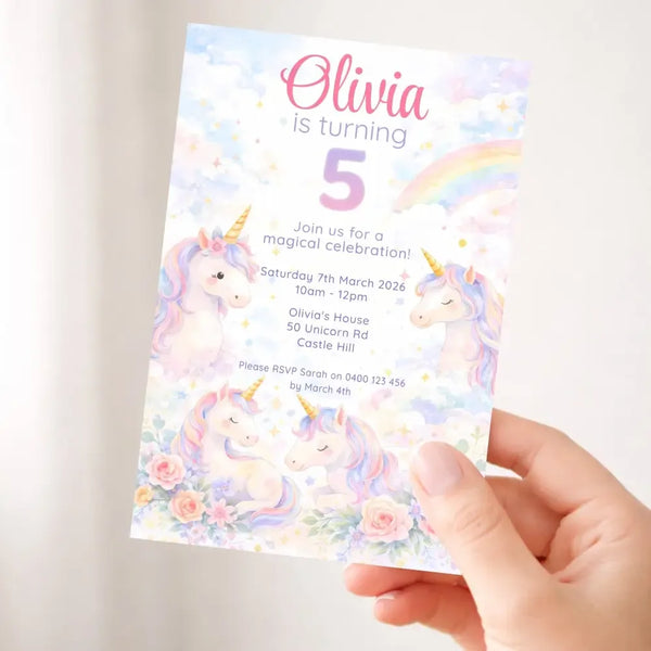 Personalised Unicorn Birthday Invitations | Magical Rainbow Party Invites - Sticksy Prints Australia