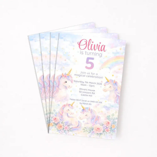 Personalised Unicorn Birthday Invitations | Magical Rainbow Party Invites - Sticksy Prints Australia