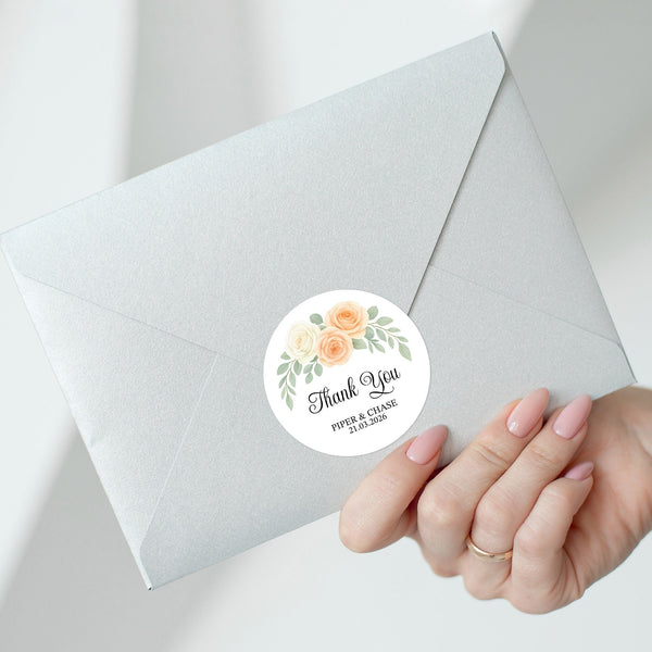 Personalised Wedding Thank You Stickers | Apricot & Ivory Rose Floral Design