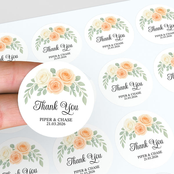 Personalised Wedding Thank You Stickers | Apricot & Ivory Rose Floral Design