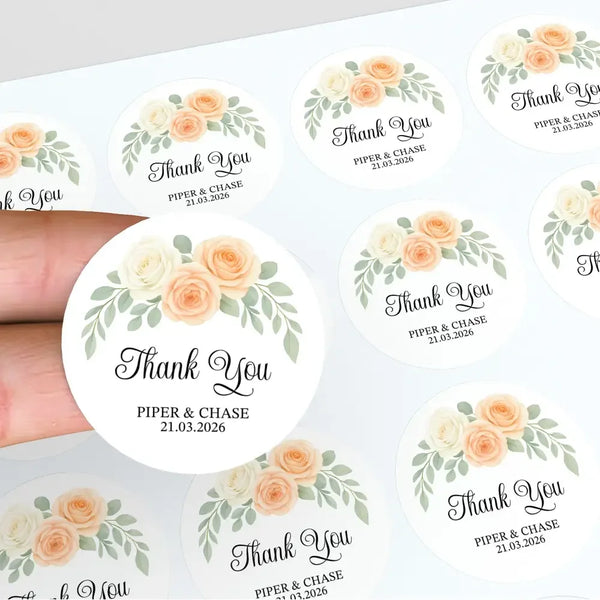 Personalised Wedding Thank You Stickers | Apricot & Ivory Rose Floral Design - Sticksy Prints Australia