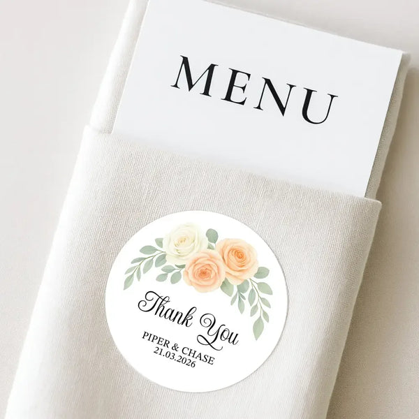 Personalised Wedding Thank You Stickers | Apricot & Ivory Rose Floral Design - Sticksy Prints Australia