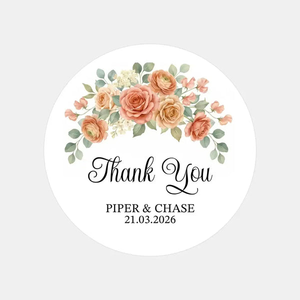 Personalised Wedding Thank You Stickers | Apricot Rose Floral Design - Sticksy Prints Australia