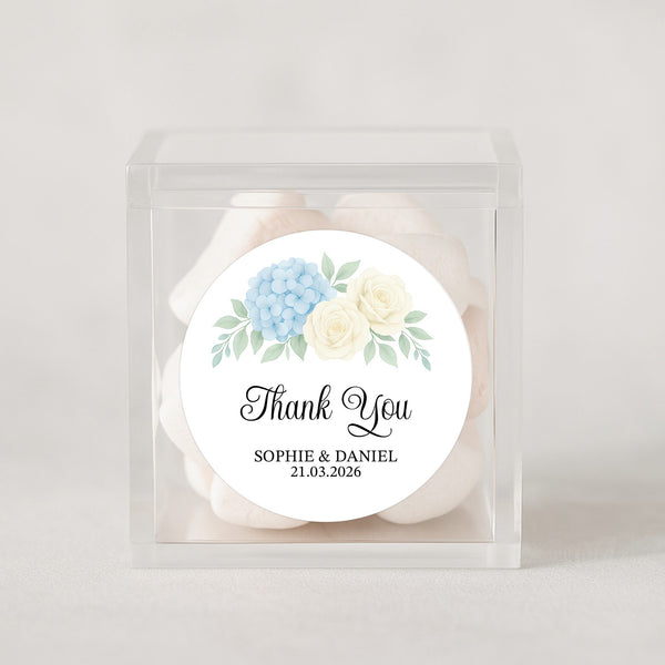 Personalised Wedding Thank You Stickers | Blue Hydrangea & Ivory Rose Floral Design