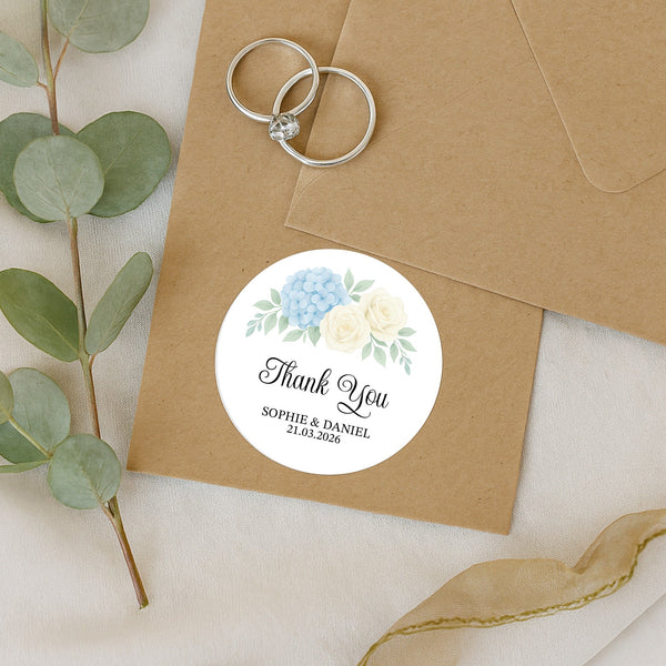 Personalised Wedding Thank You Stickers | Blue Hydrangea & Ivory Rose Floral Design