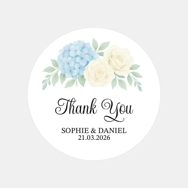 Personalised Wedding Thank You Stickers | Blue Hydrangea & Ivory Rose Floral Design - Sticksy Prints Australia