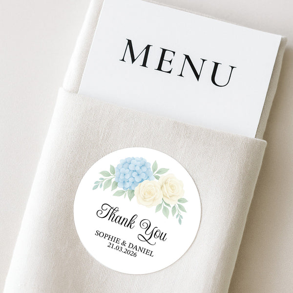 Personalised Wedding Thank You Stickers | Blue Hydrangea & Ivory Rose Floral Design