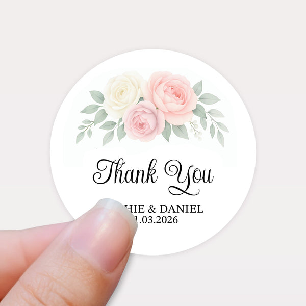 Personalised Wedding Thank You Stickers | Blush & Ivory Rose Floral Design