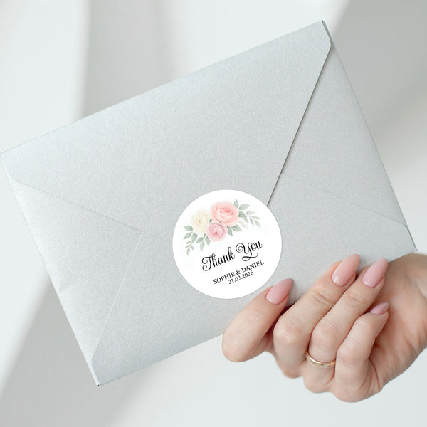 Personalised Wedding Thank You Stickers | Blush & Ivory Rose Floral Design