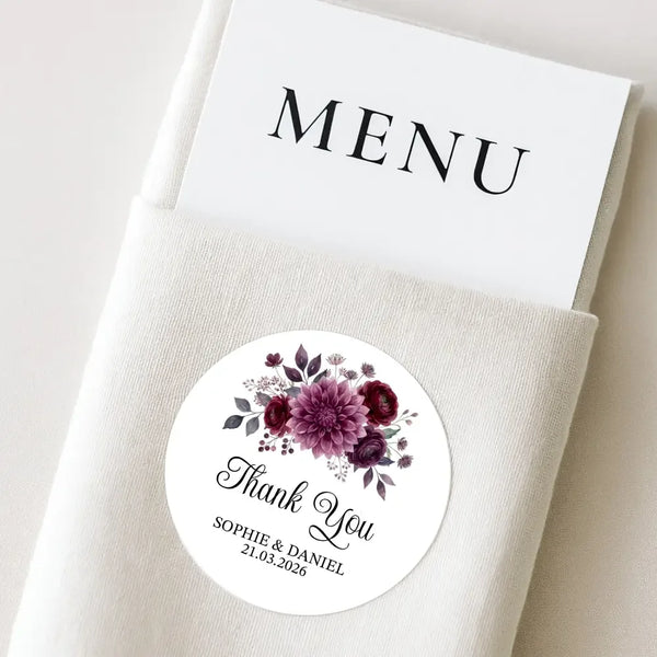 Personalised Wedding Thank You Stickers | Burgundy & Plum Floral Design - Sticksy Prints Australia