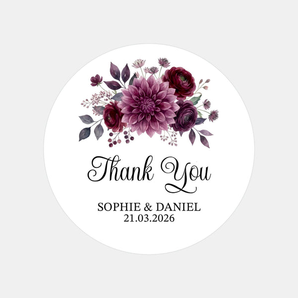 Personalised Wedding Thank You Stickers | Burgundy & Plum Floral Design