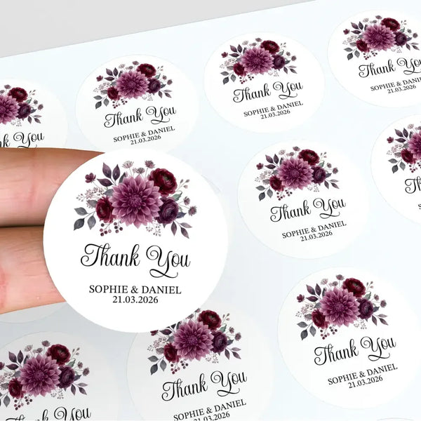 Personalised Wedding Thank You Stickers | Burgundy & Plum Floral Design - Sticksy Prints Australia