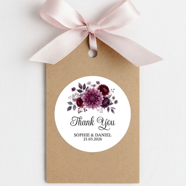 Personalised Wedding Thank You Stickers | Burgundy & Plum Floral Design