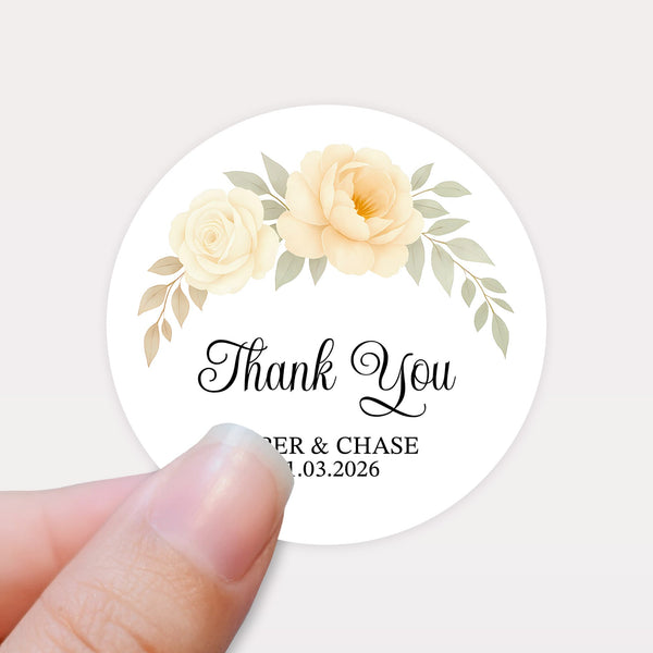Personalised Wedding Thank You Stickers | Cream & Ivory Rose Floral Design
