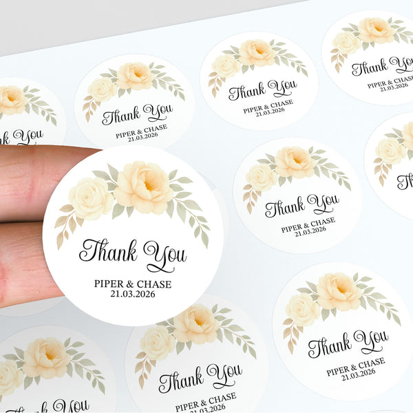 Personalised Wedding Thank You Stickers | Cream & Ivory Rose Floral Design