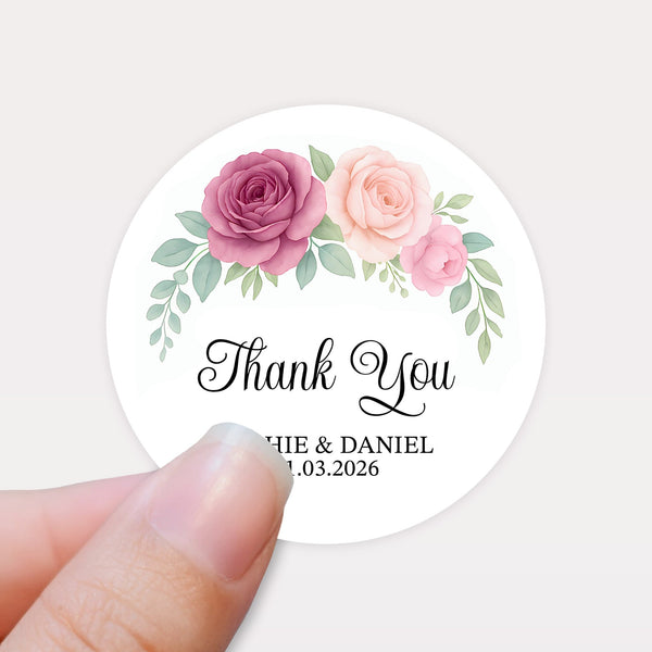 Personalised Wedding Thank You Stickers | Dusty Mauve & Blush Rose Floral Design