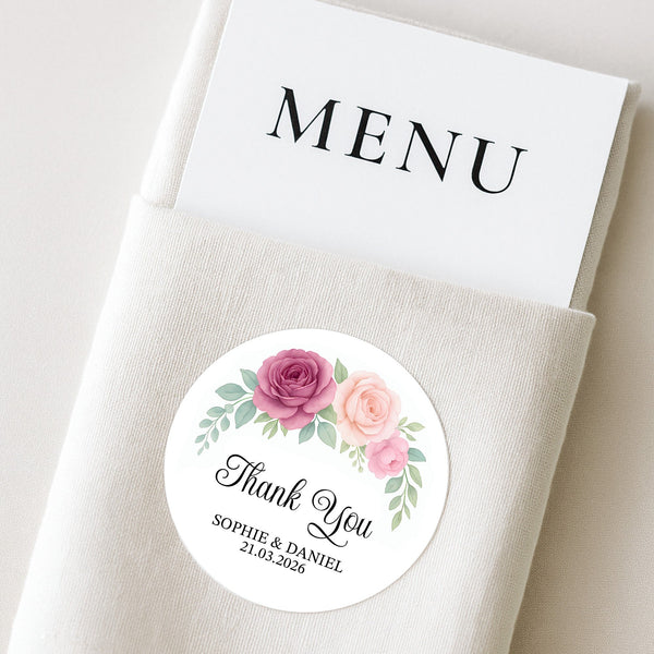 Personalised Wedding Thank You Stickers | Dusty Mauve & Blush Rose Floral Design