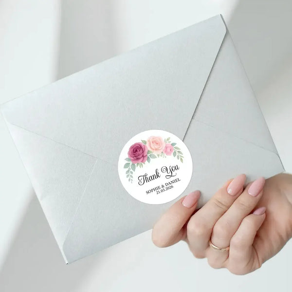 Personalised Wedding Thank You Stickers | Dusty Mauve & Blush Rose Floral Design - Sticksy Prints Australia