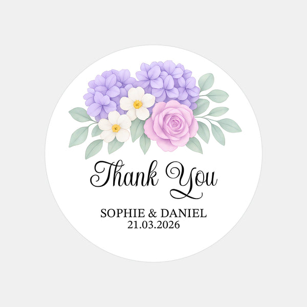 Personalised Wedding Thank You Stickers | Lavender Hydrangea & Lilac Rose Floral Design