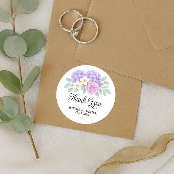 Personalised Wedding Thank You Stickers | Lavender Hydrangea & Lilac Rose Floral Design - Sticksy Prints Australia