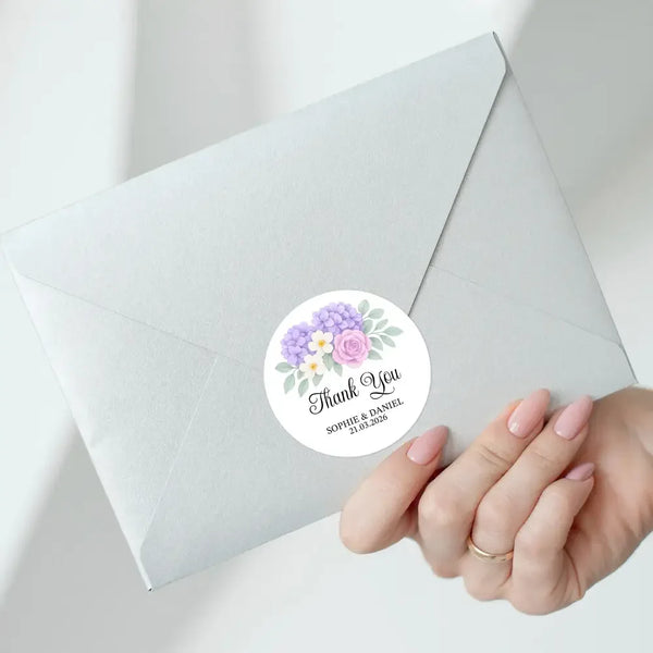 Personalised Wedding Thank You Stickers | Lavender Hydrangea & Lilac Rose Floral Design - Sticksy Prints Australia