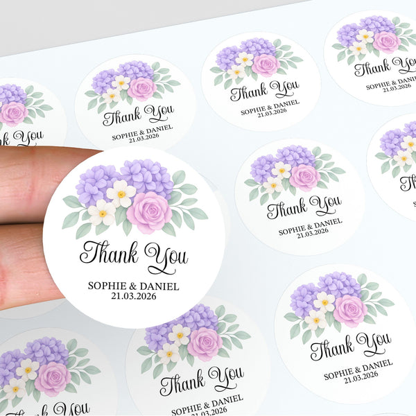 Personalised Wedding Thank You Stickers | Lavender Hydrangea & Lilac Rose Floral Design