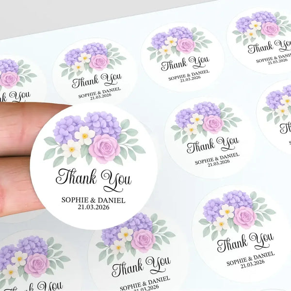 Personalised Wedding Thank You Stickers | Lavender Hydrangea & Lilac Rose Floral Design - Sticksy Prints Australia