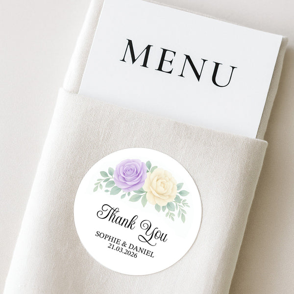 Personalised Wedding Thank You Stickers | Lavender & Ivory Rose Floral Design