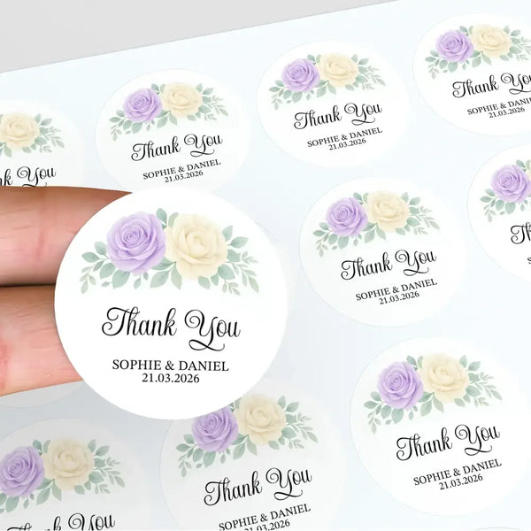 Personalised Wedding Thank You Stickers | Lavender & Ivory Rose Floral Design - Sticksy Prints Australia