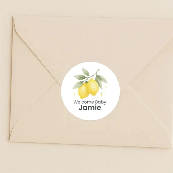 Personalised Welcome Baby Lemon Stickers – Watercolour Citrus Gender-Neutral Favour Labels - Sticksy Prints Australia