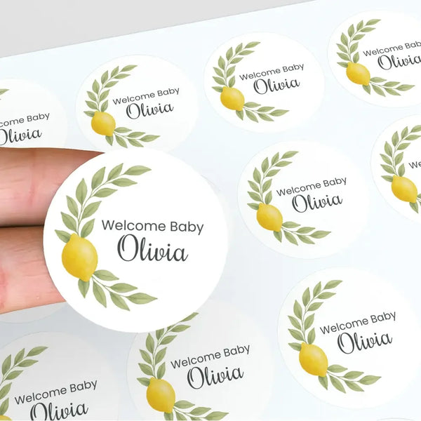 Personalised Welcome Baby Lemon Stickers with Greenery – Watercolour Citrus Favour Labels - Sticksy Prints Australia