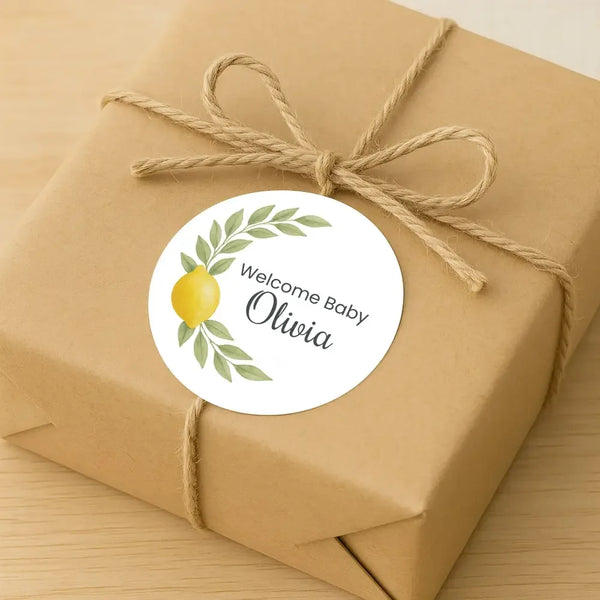Personalised Welcome Baby Lemon Stickers with Greenery – Watercolour Citrus Favour Labels - Sticksy Prints Australia