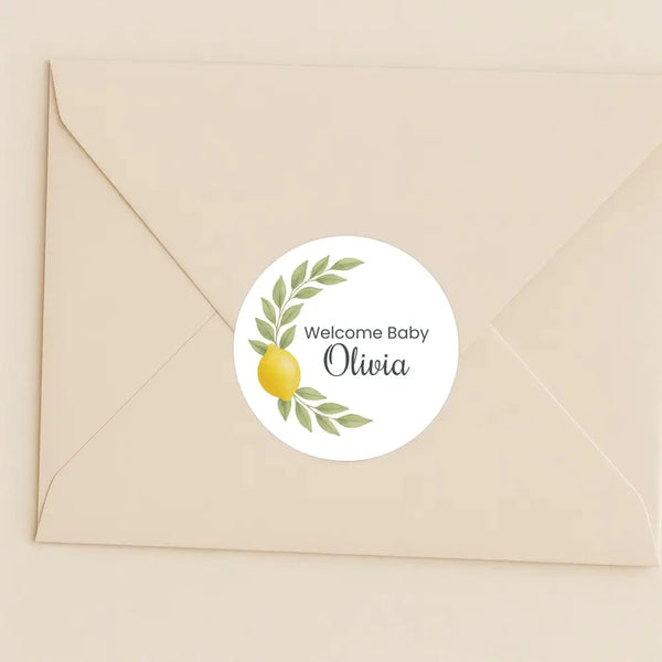 Personalised Welcome Baby Lemon Stickers with Greenery – Watercolour Citrus Favour Labels - Sticksy Prints Australia