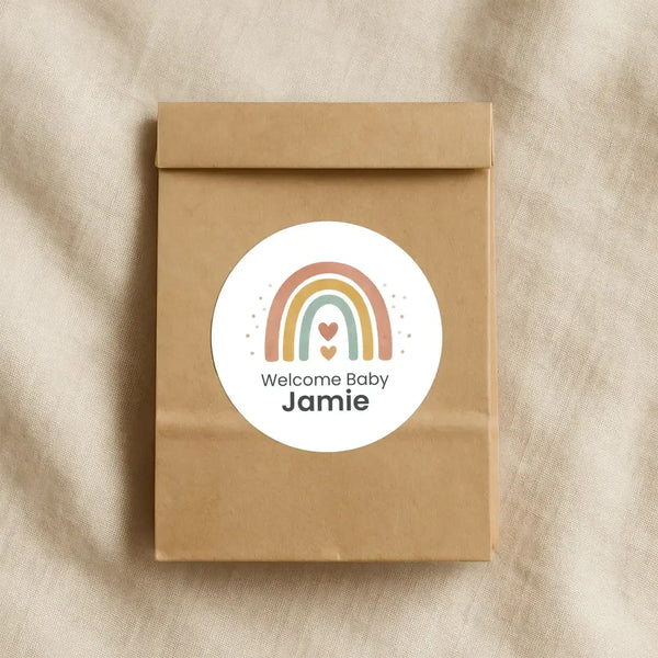 Personalised Welcome Baby Rainbow Stickers – Scandi Pastel Gender-Neutral Favour Labels - Sticksy Prints Australia