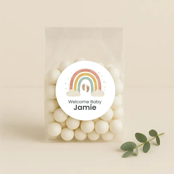 Personalised Welcome Baby Rainbow Stickers with Footprints – Scandi Pastel Gender-Neutral Favour Labels - Sticksy Prints Australia