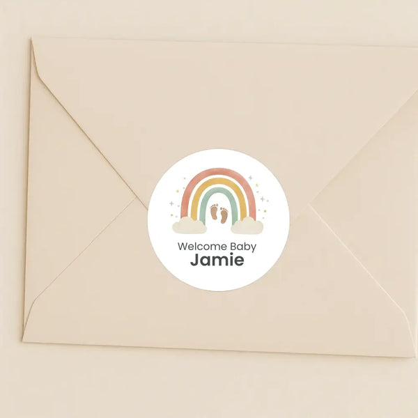 Personalised Welcome Baby Rainbow Stickers with Footprints – Scandi Pastel Gender-Neutral Favour Labels - Sticksy Prints Australia