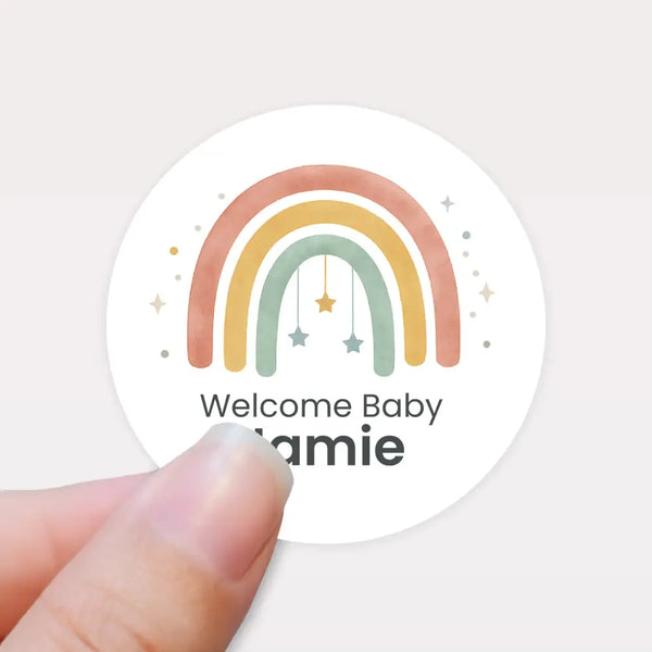 Personalised Welcome Baby Rainbow Stickers with Hanging Stars – Scandi Pastel Gender-Neutral Favour Labels - Sticksy Prints Australia