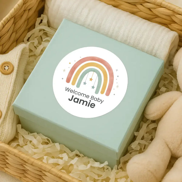 Personalised Welcome Baby Rainbow Stickers with Hanging Stars – Scandi Pastel Gender-Neutral Favour Labels - Sticksy Prints Australia
