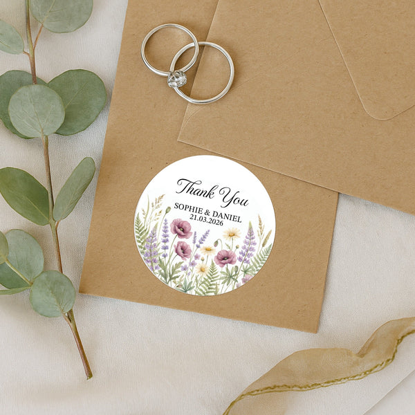 Personalised Wildflower Wedding Thank You Stickers | Rustic Meadow Favour Labels