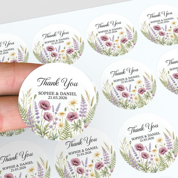 Personalised Wildflower Wedding Thank You Stickers | Rustic Meadow Favour Labels