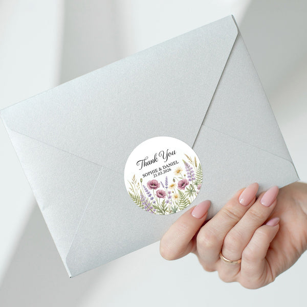 Personalised Wildflower Wedding Thank You Stickers | Rustic Meadow Favour Labels