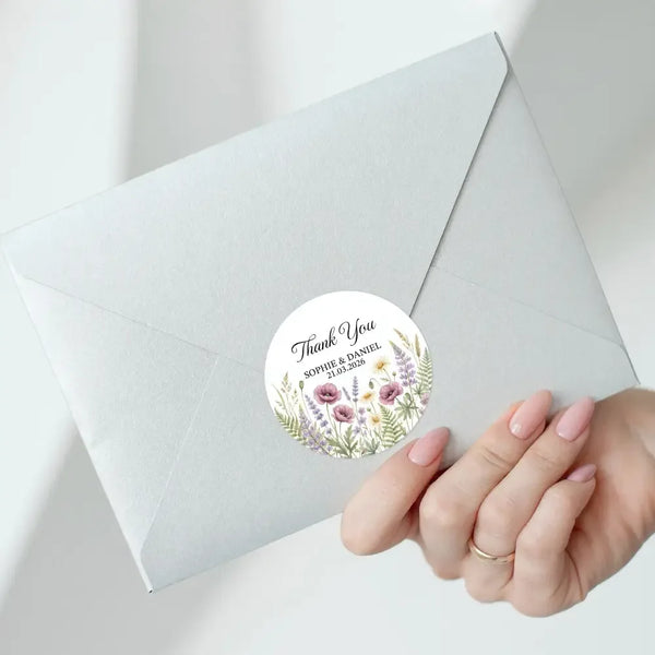 Personalised Wildflower Wedding Thank You Stickers | Rustic Meadow Favour Labels - Sticksy Prints Australia