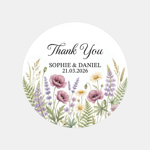 Personalised Wildflower Wedding Thank You Stickers | Rustic Meadow Favour Labels